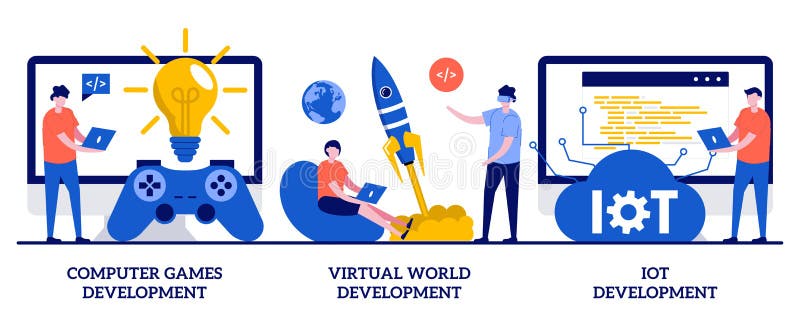 Computer games, virtual world and IoT development concept with tiny people. Programming team abstract vector illustration set. VR stock illustration