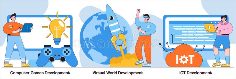 Computer games, virtual world and IoT development concept with tiny people. Programming team abstract vector illustration set. VR stock illustration