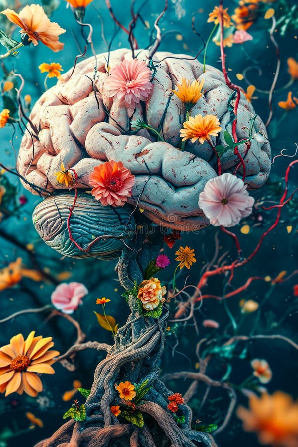 Computer-generated or artificial brain is placed in tree surrounded by flowers. Generative AI stock photos