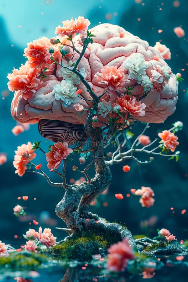 Computer-generated or artificial tree with flowers and brain or head as its base. Generative AI stock photo