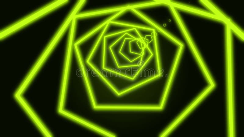 Computer generated geometric tunnel of neon pentagons on a black background consisting of moving bright azure narrow royalty free illustration