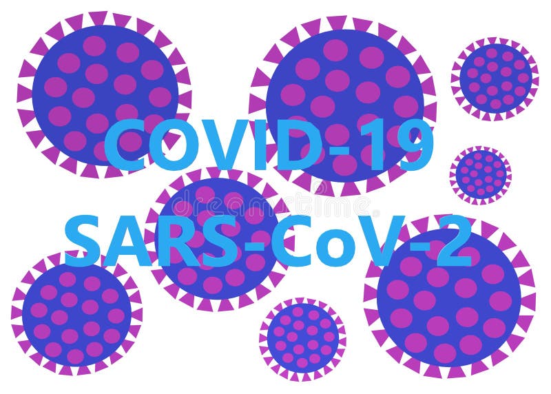 COVID-19 SARS-CoV-2 words in front of graphical representation of the virus under microscope royalty free illustration