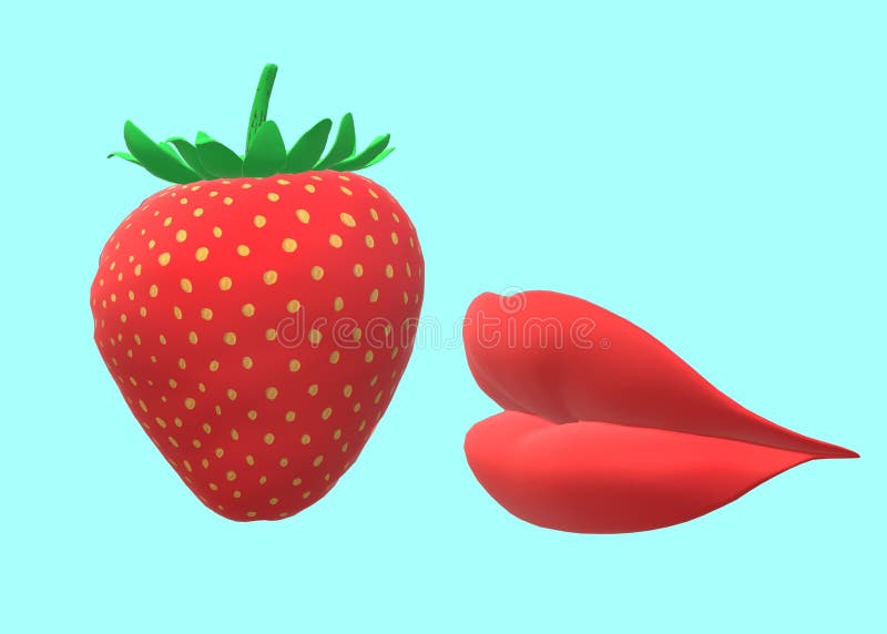 A red lips kissing a single strawberry fruit