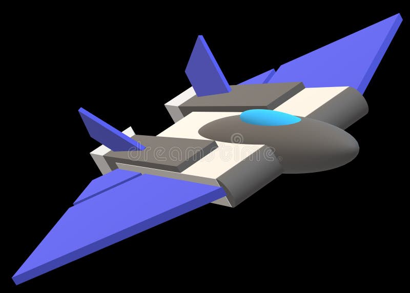 A simple futuristic three dimensional model image of a fighter jet plane with indigo blue wings light dark grey chassis and sky bl royalty free illustration
