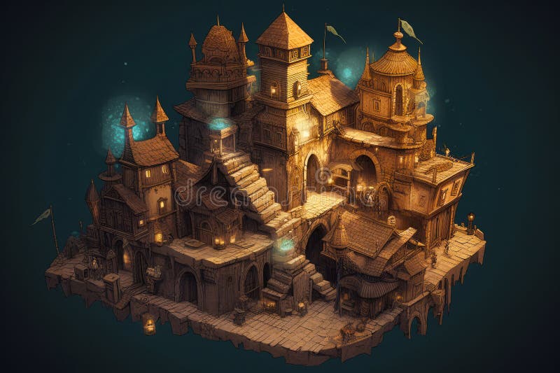 Computer generated image of castle with lot of towers and towers. Generative AI stock illustration