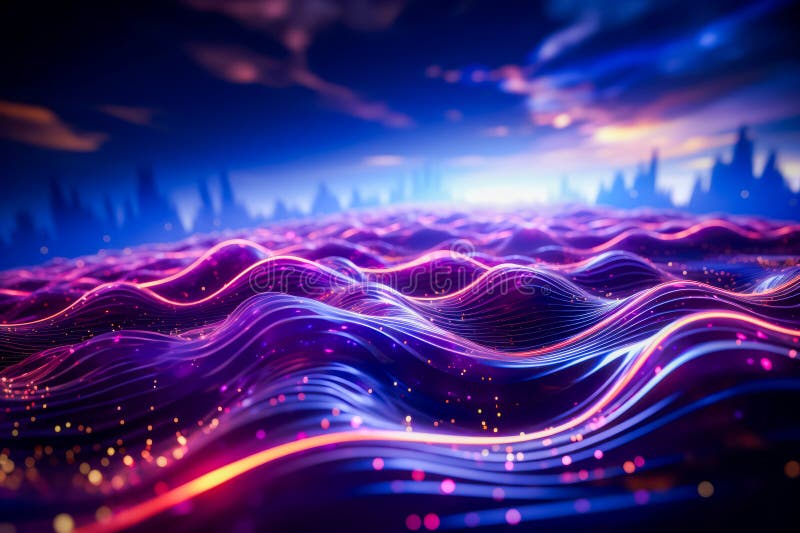 Computer generated image of city and wave of light. Generative AI stock photography