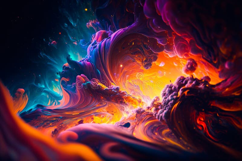 Computer generated image of colorful explosion of liquid and gas in black background. Generative AI royalty free illustration