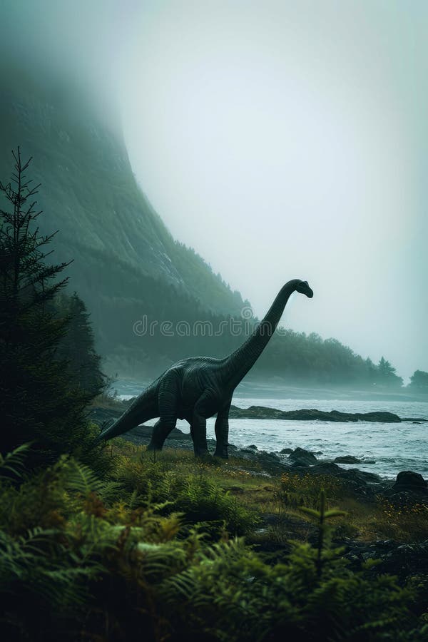 Computer-generated image of dinosaur standing by water and trees. Generative AI vector illustration