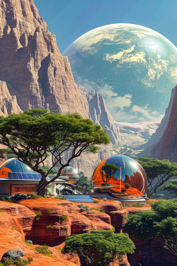 Computer-generated image features few domed structures on planet with trees and large globe in the background stock photo