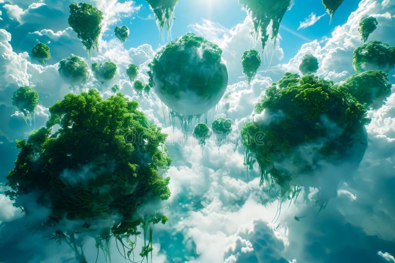 Computer-generated image features green plants and clouds. Generative AI stock image