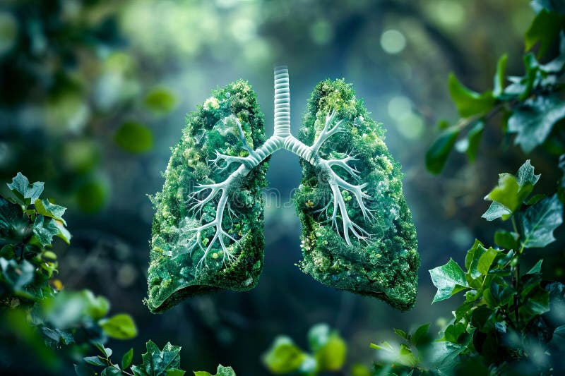 Computer generated image of green tree growing inside human body specifically within open lung. Generative AI royalty free stock images