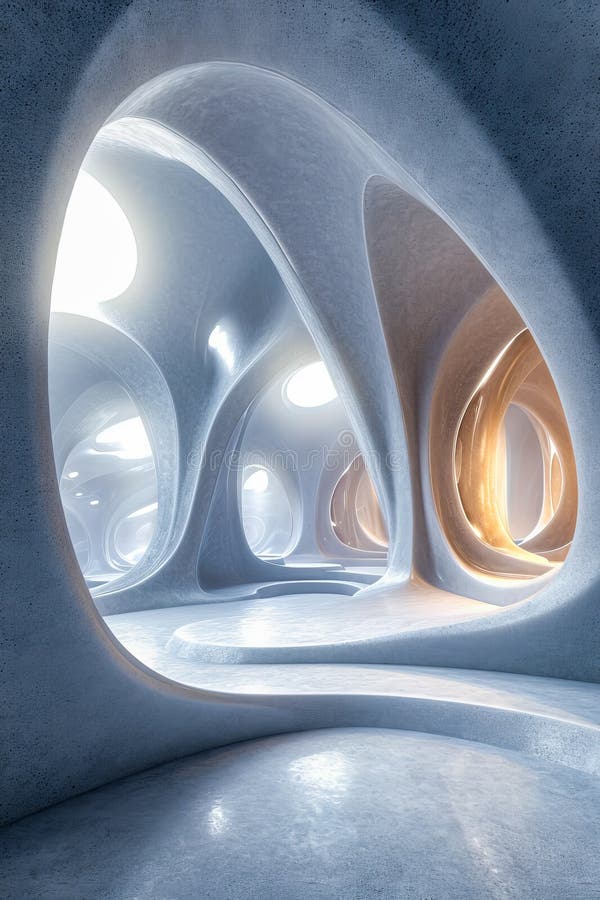 Computer-generated image of hallway with columns and arches that are blue white and tan. Generative AI royalty free stock images