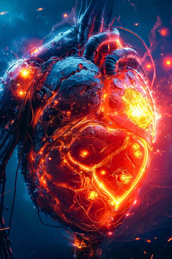 Computer-generated image of heart with glowing veins and arteries. Generative AI stock image