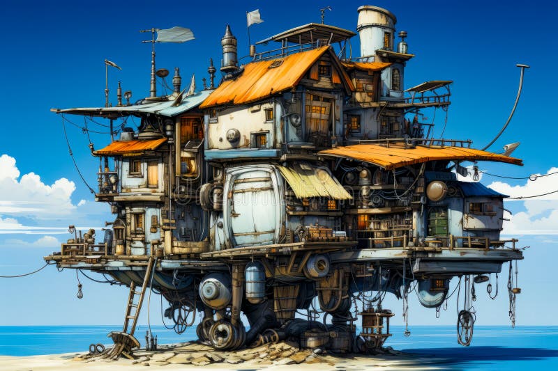 Computer generated image of house on floating island. Generative AI royalty free illustration