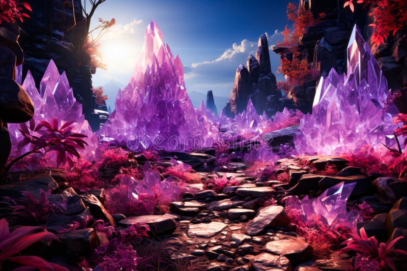 Computer generated image of landscape with rocks and plants. Generative AI vector illustration