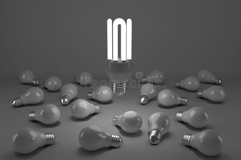 Computer generated image of lit energy efficient lightbulb over bulbs vector illustration