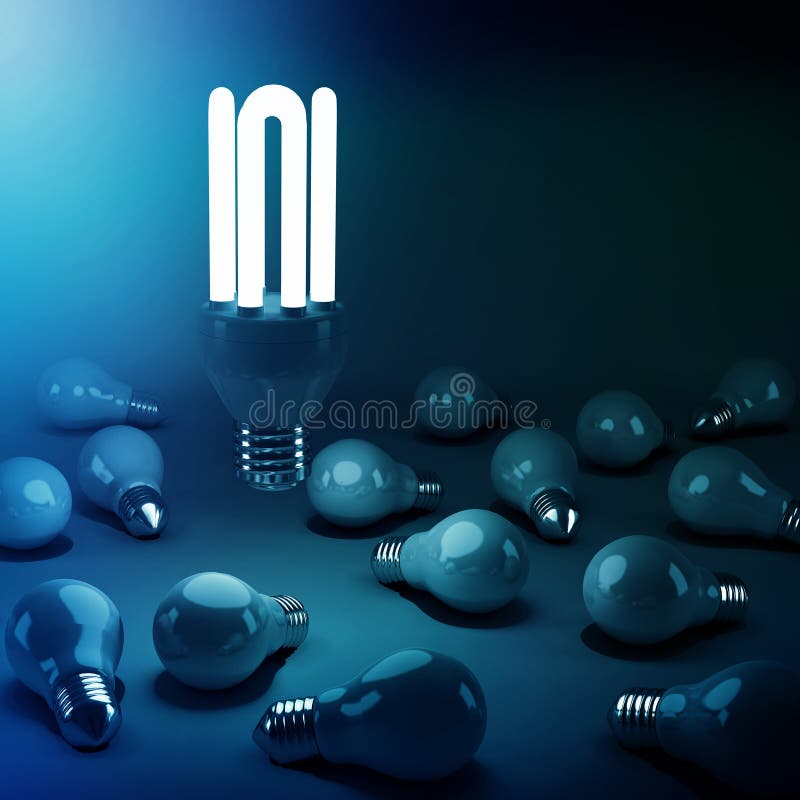 Computer generated image of lit energy efficient lightbulb over bulbs royalty free illustration