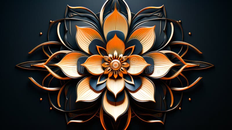 Computer generated image of orange and black flower on black background. Generative AI stock illustration