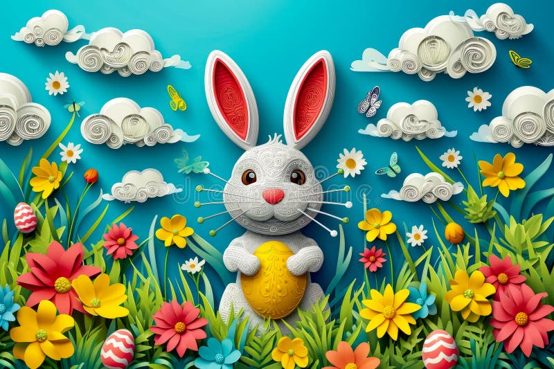 Computer generated image of rabbit holding egg in front of flowers and cloudy sky. Generative AI royalty free stock photos