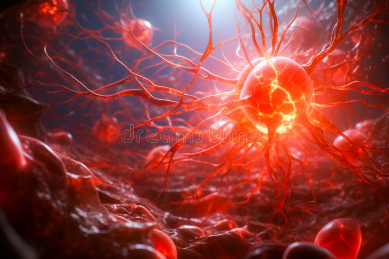 Computer generated image of red ball surrounded by red and yellow cells. Generative AI stock photo