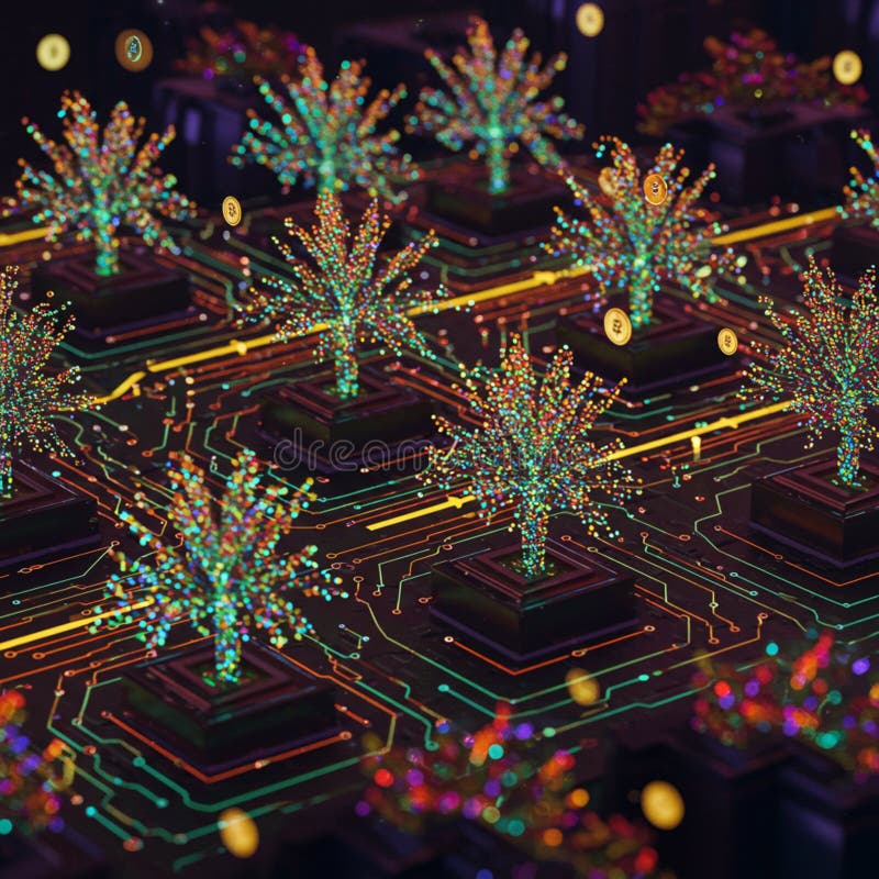 AI Generated Image of Abstract Tree-Like Structures on Interconnected Circuit Board. A computer-generated image showcasing several abstract, shimmering, tree-like structures emerging from an interconnected circuit board. The design blends organic and technological elements, symbolizing innovation, artificial intelligence, and the fusion of nature with technology. Ideal for content related to AI, tech innovation, or futuristic concepts.