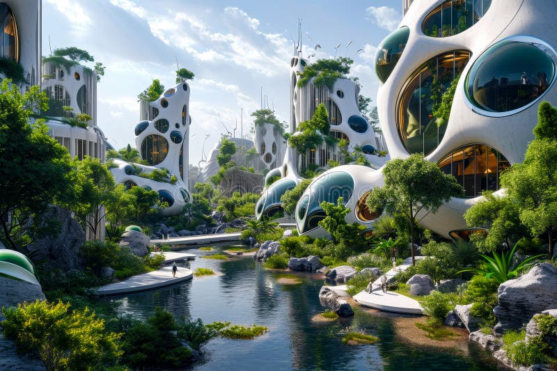 Computer-generated image shows city with many white buildings and trees. Generative AI stock images