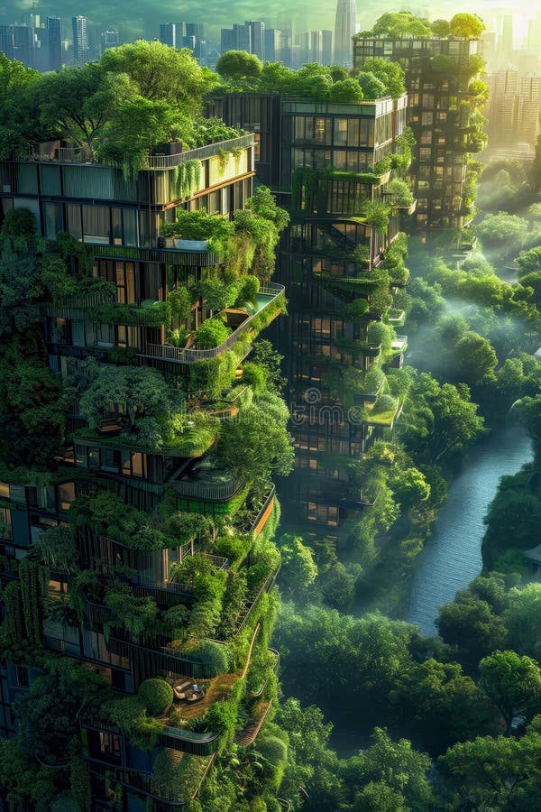 Computer-generated image shows city with skyscrapers covered in plants and trees. Generative AI royalty free stock images