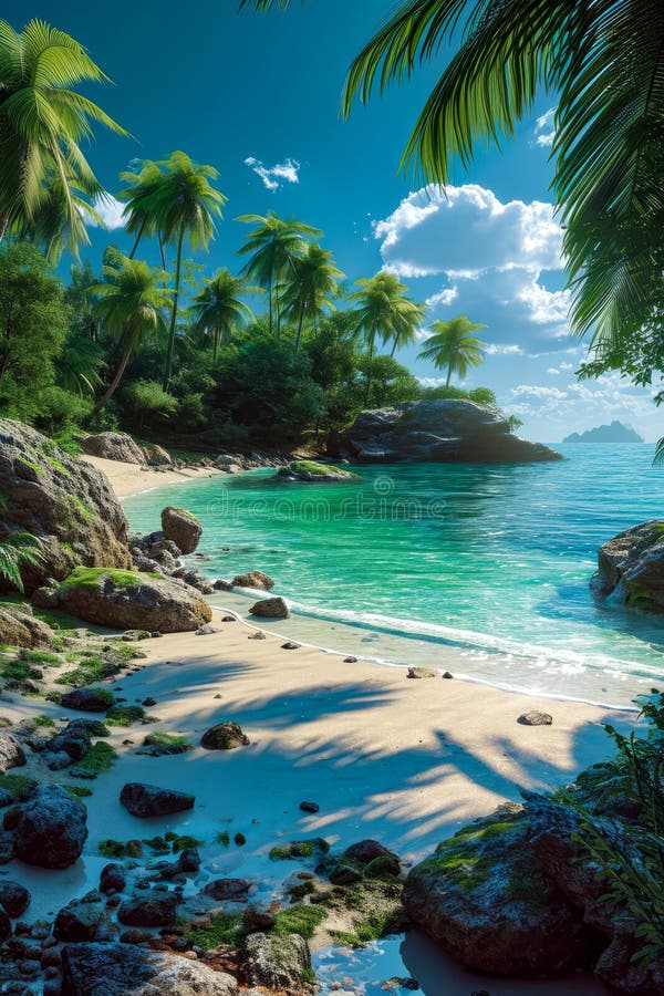 Computer generated image of tropical beach with blue water white clouds and palm trees lining the shore. Generative AI royalty free stock photos