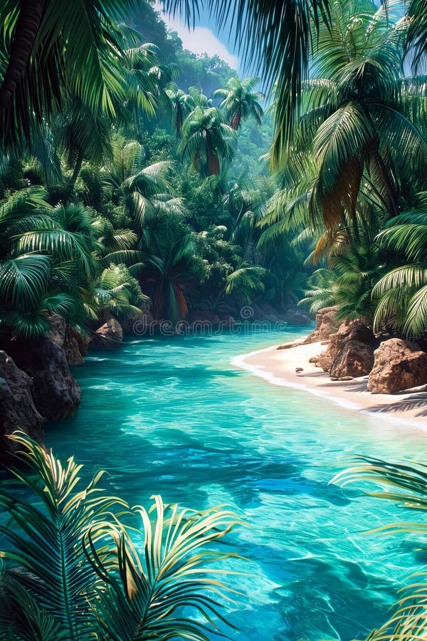 Computer generated image of tropical river flowing through lush jungle. Generative AI stock image