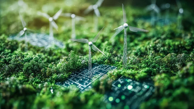 Computer generated image of wind turbines in a green field royalty free stock image
