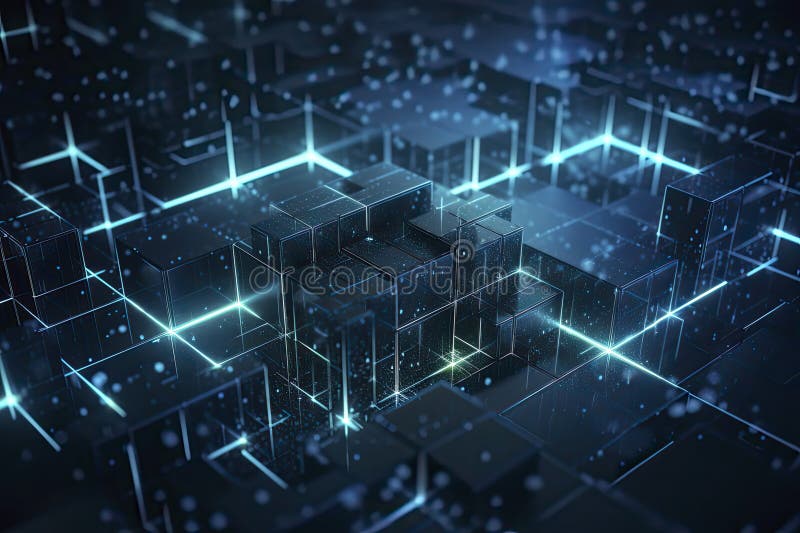 Computer geometric digital connection structure. Business inteligence technology background. Binary code algorithms deep learning. Abstract 3D rendering. Artificial intelligence. Generative AI