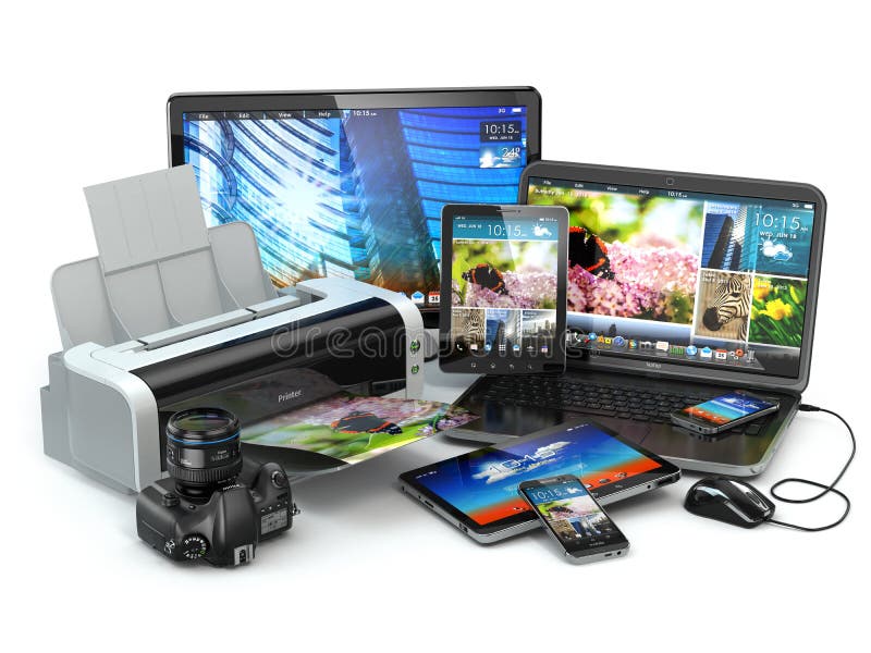 Computer devices. Mobile phone, laptop, printer, camera and tablet pc. 3d. Computer devices. Mobile phone, laptop, printer, camera and tablet pc. 3d