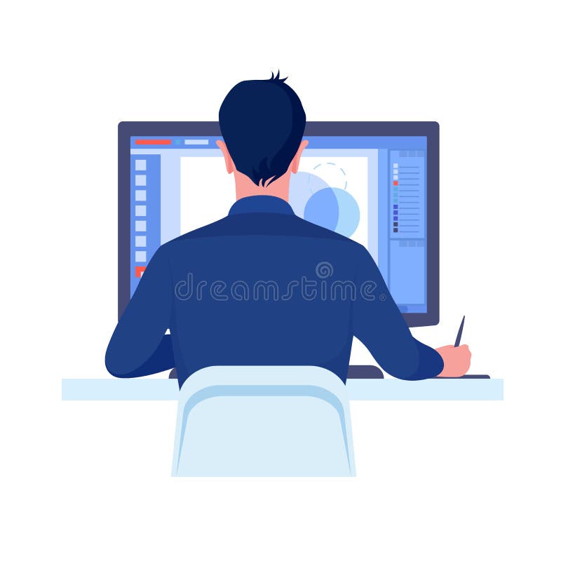 Computer Graphics Designer Work on Desk in Office Concept. Vector Stock