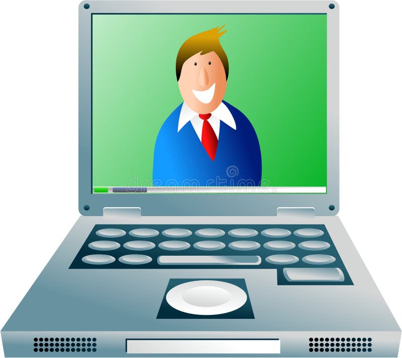 Šťastný obchodní muž komunikuje prostřednictvím počítače, notebooku koncept ilustrace.