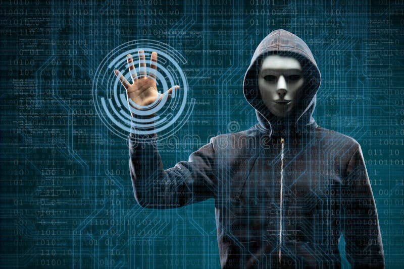 Computer hacker in mask and hoodie over abstract binary background. Obscured dark face. Data thief, internet fraud royalty free stock photo