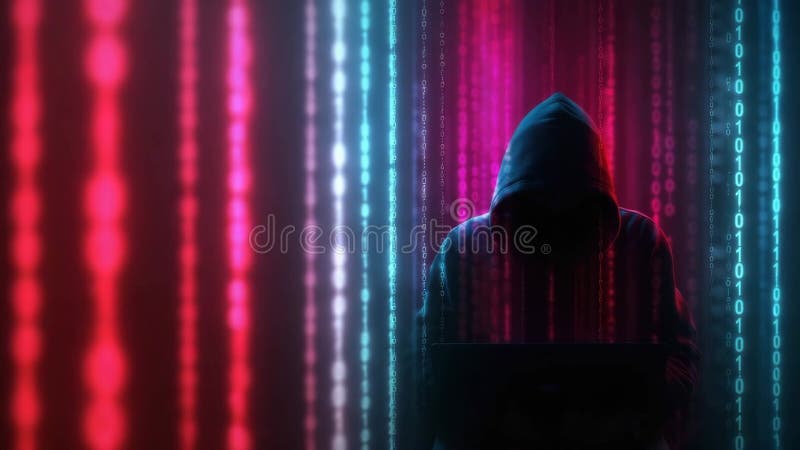 Computer hacker in matrix cybercrime concept on binary code web background illustrated animation. Computer matrix video