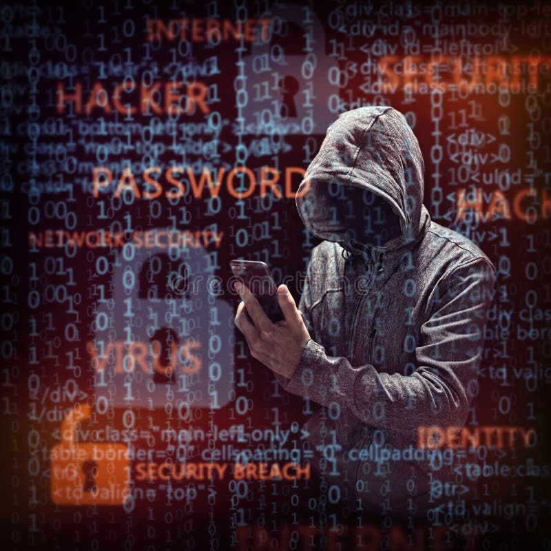 Computer hacker with mobile phone royalty free stock photo