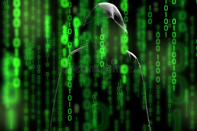 Computer hacker silhouette of hooded man with binary data screen and network security terms matrix theme stock images