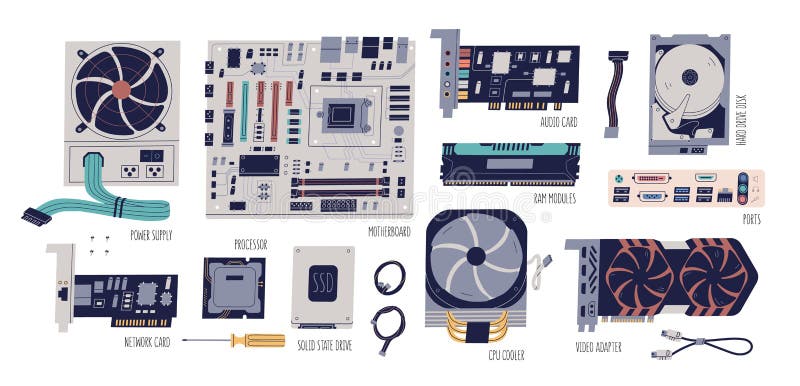 Computer hardware colorful flat vector illustrations set. Motherboard, network, audio and video card, processor, adapter