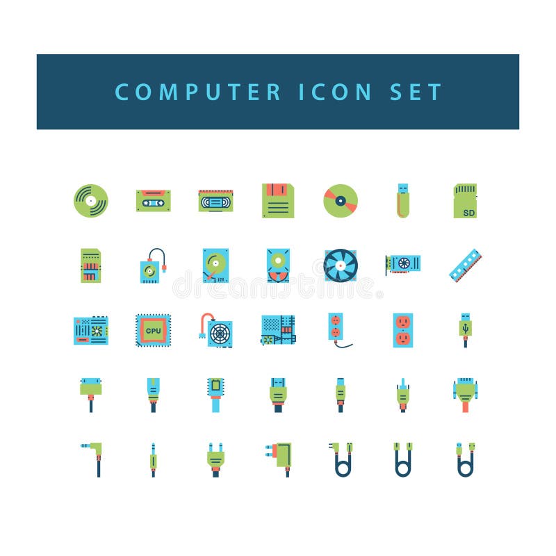 Computer Hardware icon set with colorful modern Flat style design