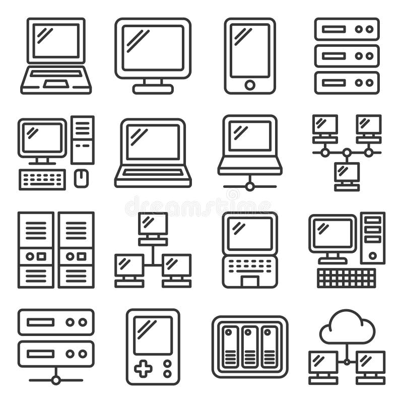 Computer Hardware Icons Set on White Background. Line Style Vector stock illustration