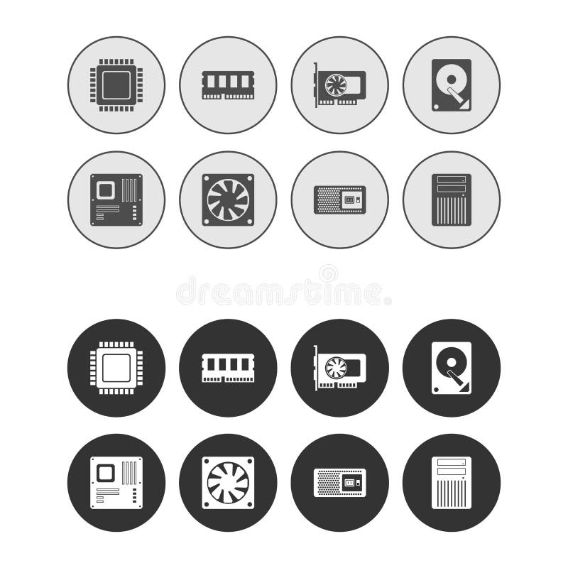 Computer Hardware  Icons Set White Stock Vector Illustration of