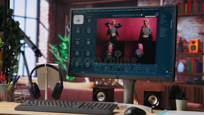 Computer in home office uses artificial intelligence generating images from text stock images