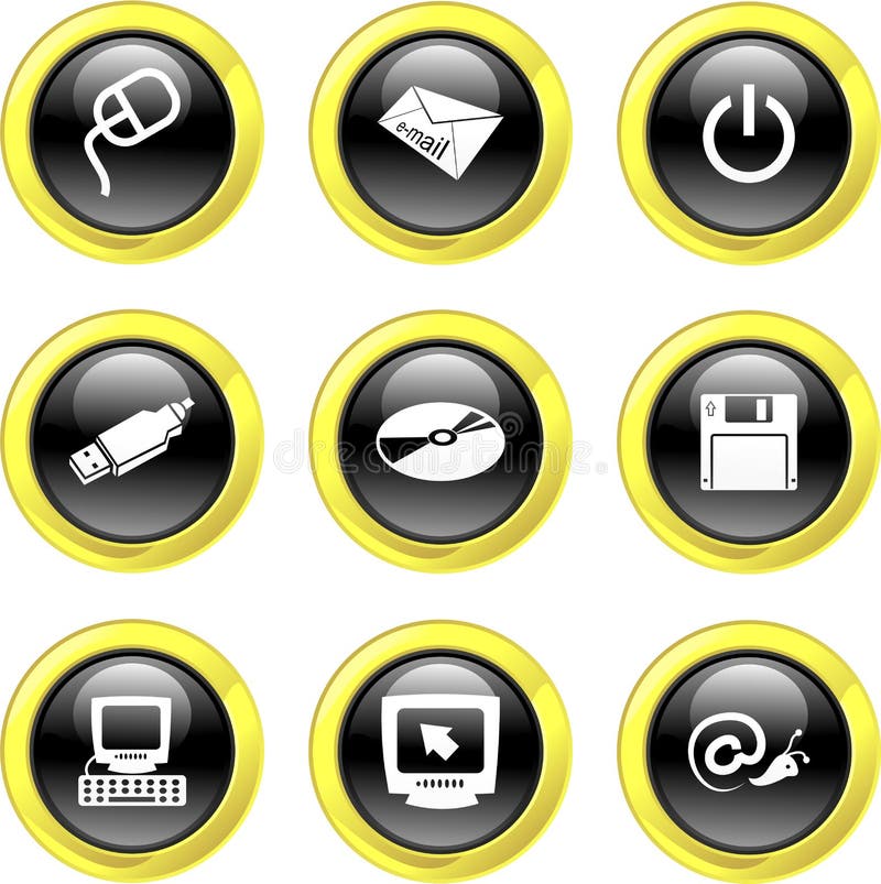 A collection of black glossy bubble button computer icons with golden rim isolated on white. Button computer illustrations