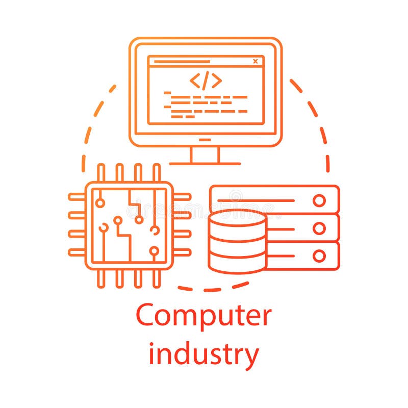 Computer industry concept icon. Hardware, software development. Programming. Data server, CPU. Information technology stock illustration