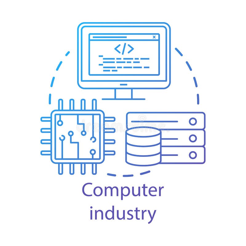 Computer industry concept icon. Hardware, software development. Programming. Data server, CPU. Information technology royalty free illustration