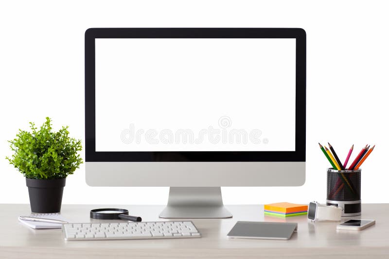 Computer with isolated screen stands on the table royalty free stock photography