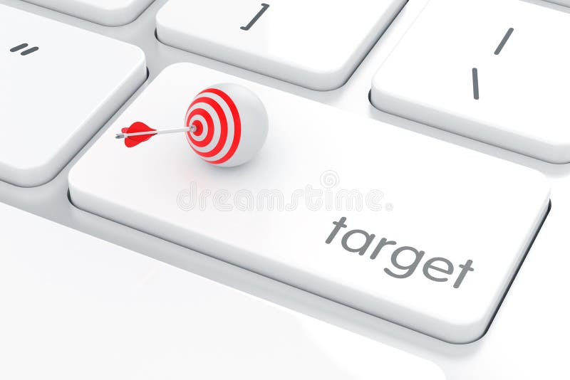 Computer keyboard white button with target goal sphere and arrow stock illustration