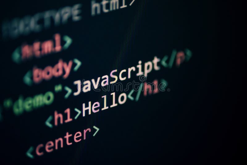 Computer language programming Javascript code internet text editor components on display screen. Source code script stock images, royalty-free photos and pictures