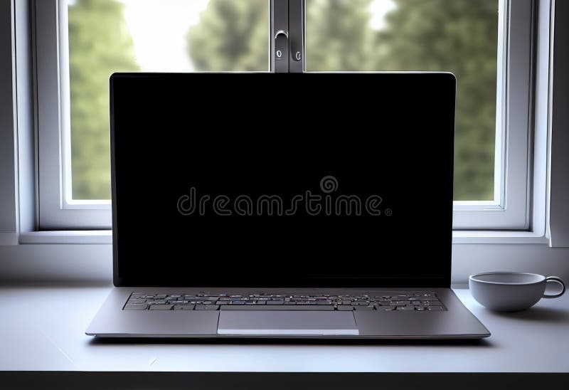 Computer Laptop with Blank Screen on Table, Desk Blank Work Office